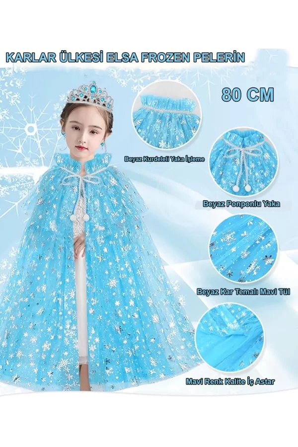 Karlar Ülkesi Elsa Frozen Mavi Pelerin – 80 Cm Kar Desenli Çocuk Pelerini ( Taç Hariç )