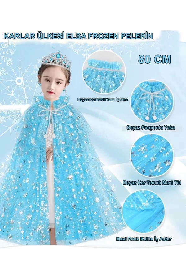 Karlar Ülkesi Elsa Frozen Mavi Pelerin – 80 Cm Kar Desenli Çocuk Pelerini ( Taç Hariç )
