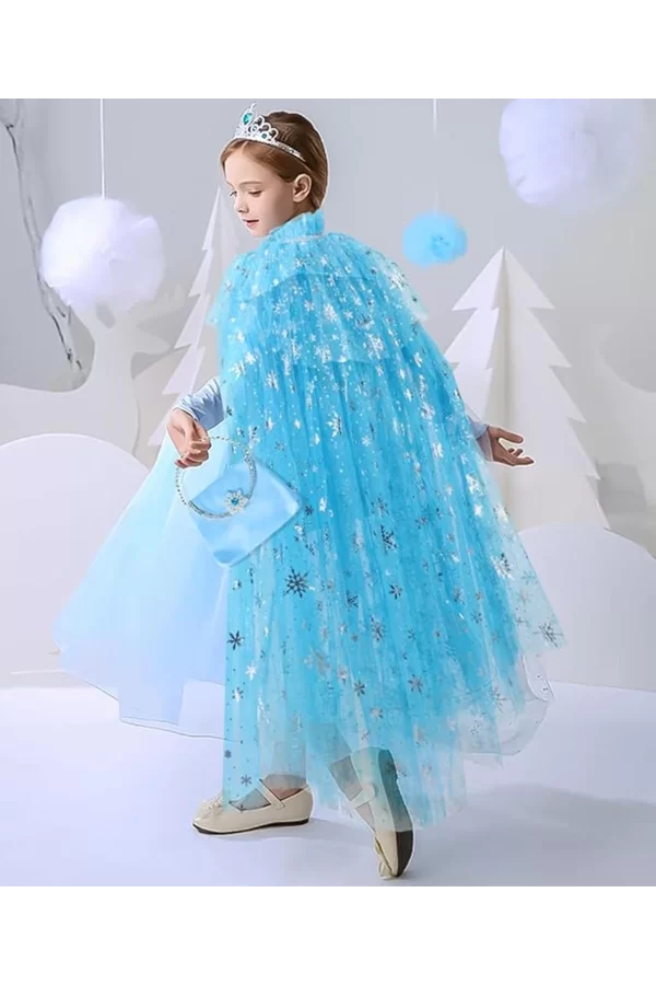 Karlar Ülkesi Elsa Frozen Mavi Pelerin – 80 Cm Kar Desenli Çocuk Pelerini ( Taç Hariç )