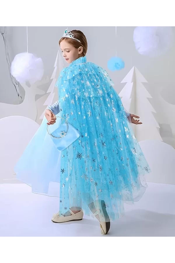 Karlar Ülkesi Elsa Frozen Mavi Pelerin – 80 Cm Kar Desenli Çocuk Pelerini ( Taç Hariç )