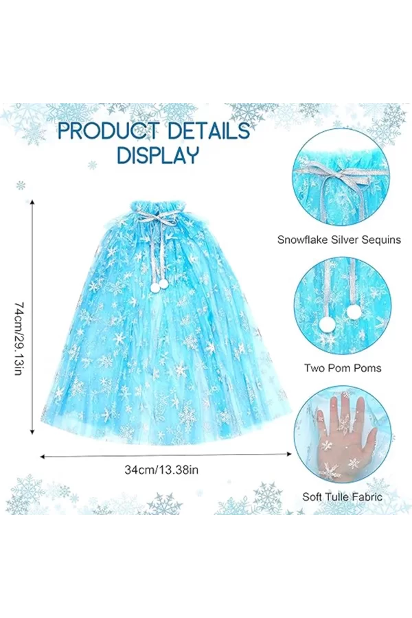 Karlar Ülkesi Elsa Frozen Mavi Pelerin – 80 Cm Kar Desenli Çocuk Pelerini ( Taç Hariç )