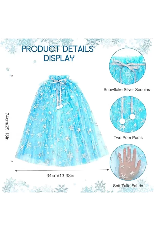 Karlar Ülkesi Elsa Frozen Mavi Pelerin – 80 Cm Kar Desenli Çocuk Pelerini ( Taç Hariç )