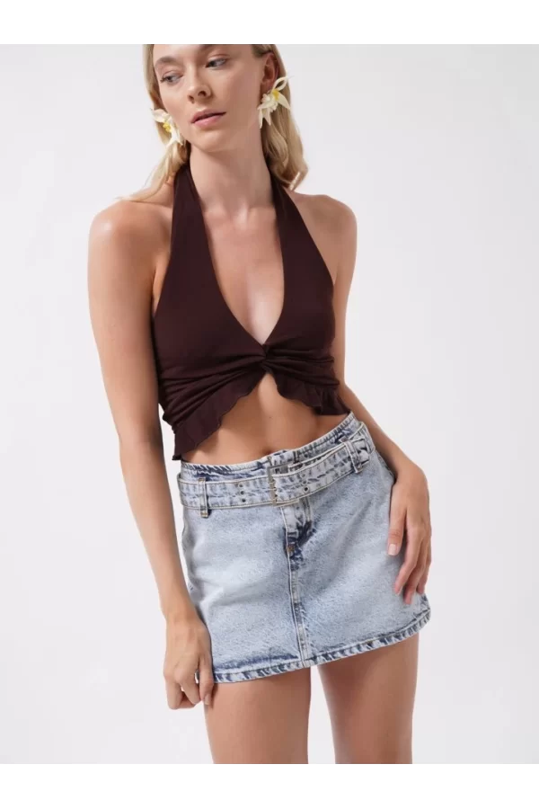 Kemer Detay Denim Mini Etek