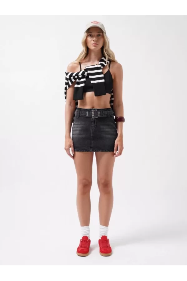 Kemer Detay Denim Mini Etek
