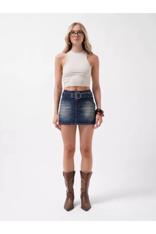 Kemer Detay Denim Mini Etek