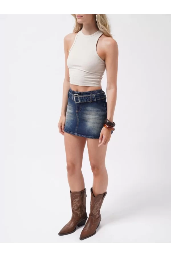 Kemer Detay Denim Mini Etek