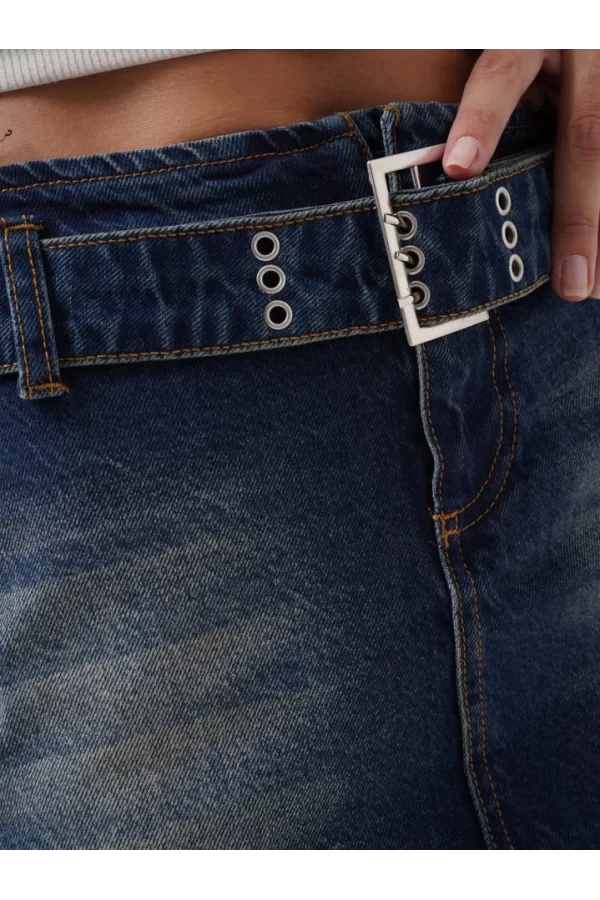 Kemer Detay Denim Mini Etek