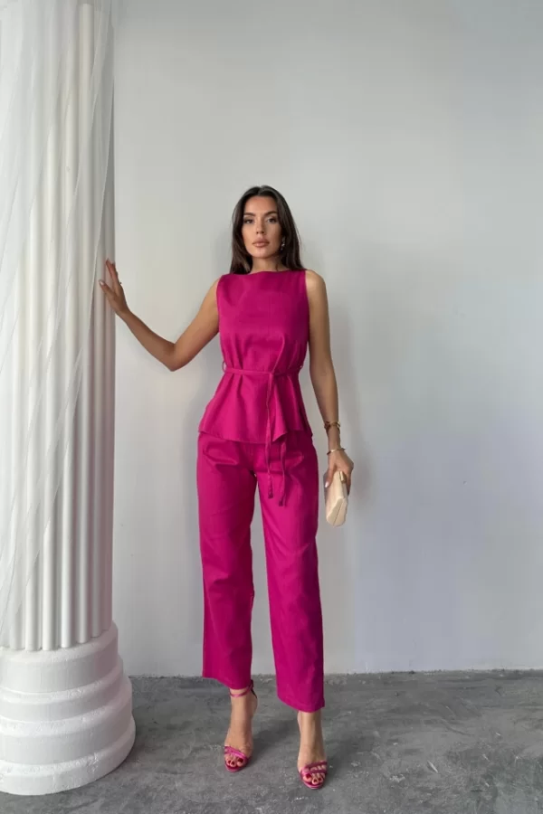 KETEN BLUZ - PANTOLON TAKIM MASSİMO MODEL  SCREAT KUMAŞ - Fuşya
