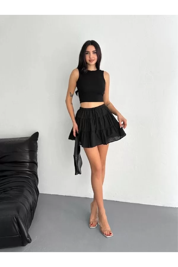 Keten Şortlu Etek - Siyah