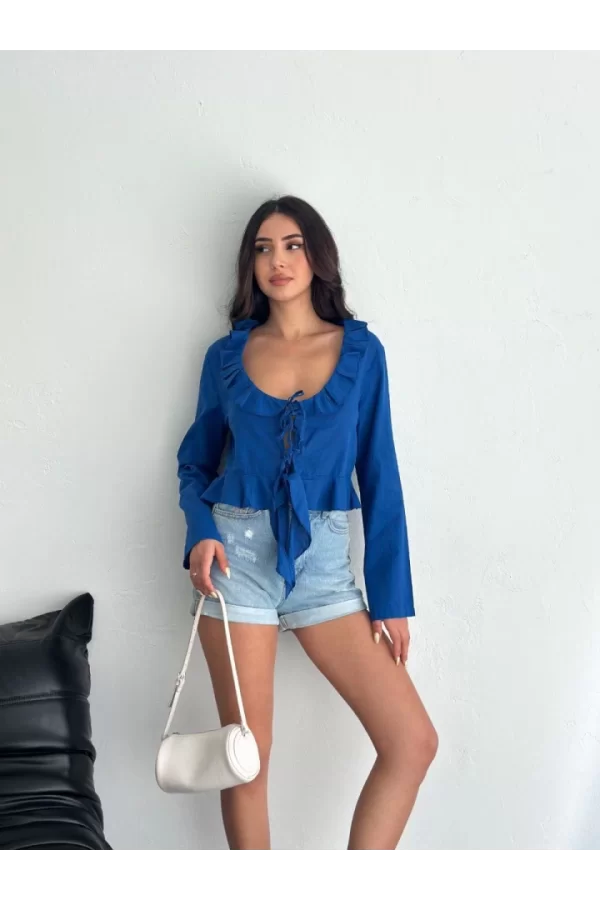 Keten Uzun Kol Bağacık Detaylı Bluz - Lacivert