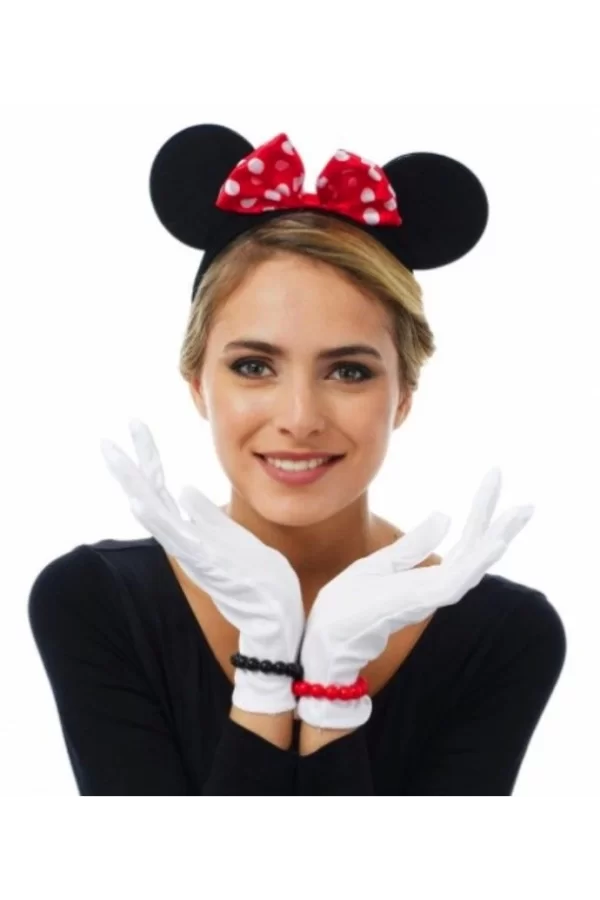 Kırmızı Fiyonklu Minnie Mouse Tacı ve Beyaz Eldiven Seti