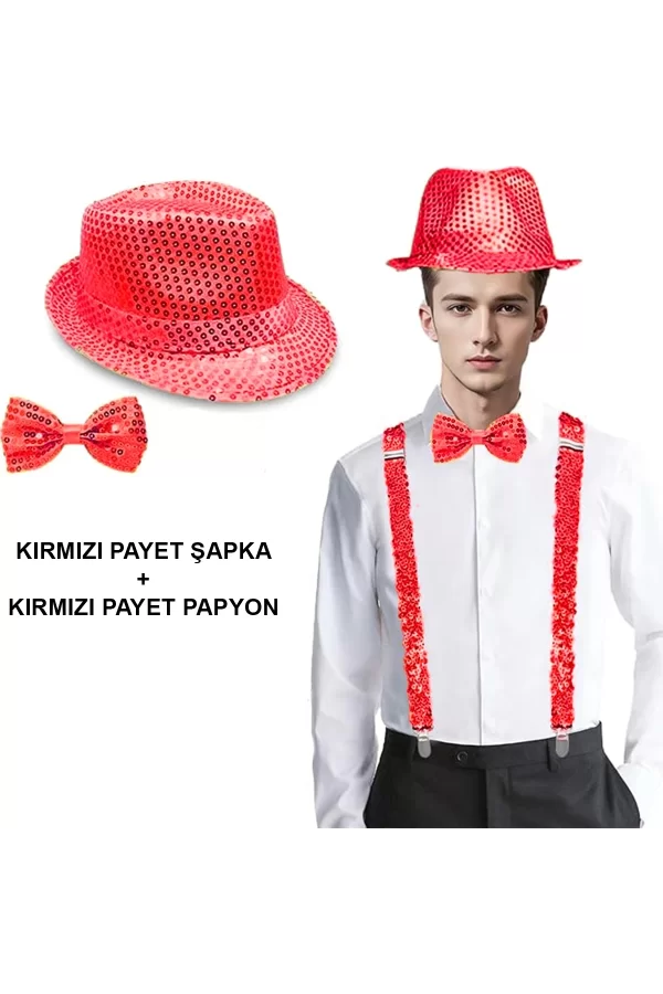 Kırmızı Payetli Şapka Ve Papyon Seti – Parıltılı Yetişkin Kostüm Seti