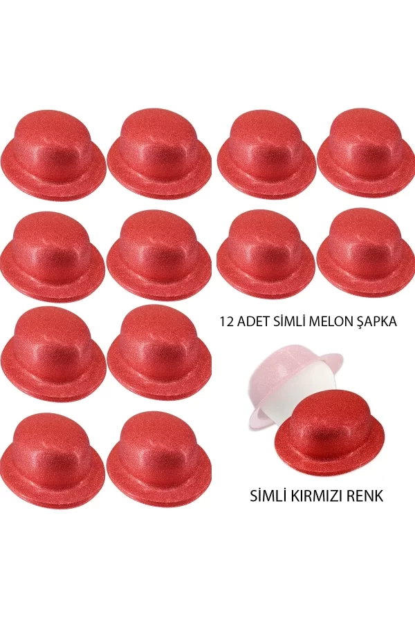 Kırmızı Renk Simli Melon Yulak Parti Şapkası 12 Adet