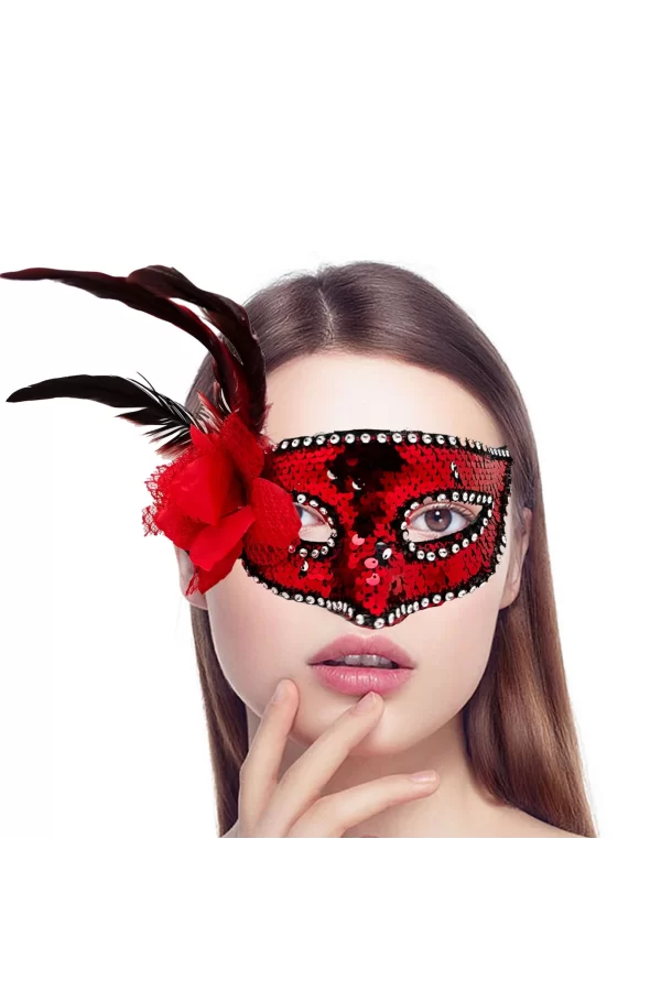 Kırmızı Renk Yandan Tüylü Güllü Gümüş Taşlı Pullu Maske 20x22 Cm