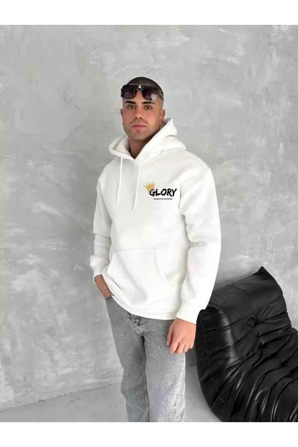 Luz&Pos Kışlık Üç İplik Kapüşonlu Sweatshirt - Beyaz