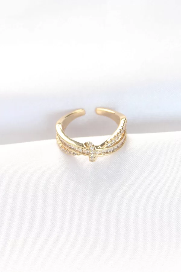 Kıvrım Model Gold Renk Zirkon Taşlı Ayarlanabilir Yüzük