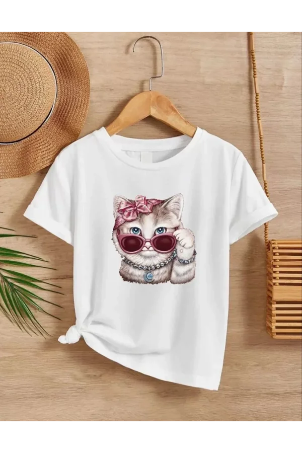 Luz&Pos Kız Çocuk Bisiklet Yaka Baskılı T-shirt - Beyaz