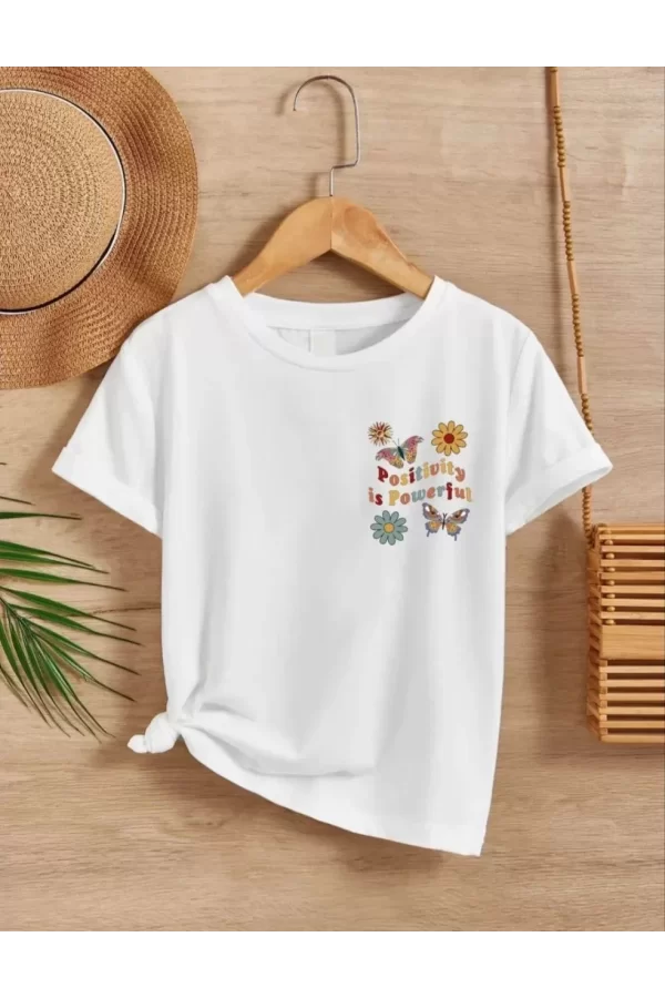 Luz&Pos Kız Çocuk Bisiklet Yaka Baskılı T-shirt - Beyaz