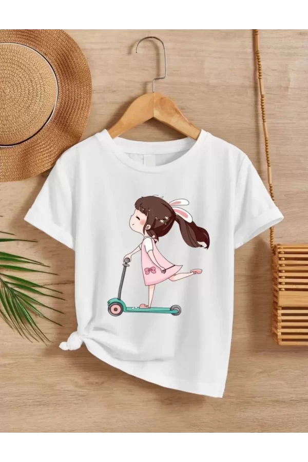 Luz&Pos Kız Çocuk Bisiklet Yaka Baskılı T-shirt - Beyaz