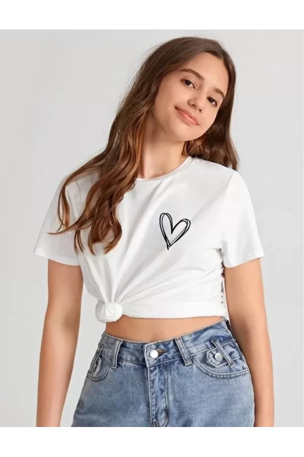 Luz&Pos Kız Çocuk Bisiklet Yaka Baskılı T-shirt - Beyaz