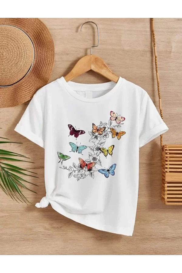 Luz&Pos Kız Çocuk Bisiklet Yaka Baskılı T-shirt - Beyaz