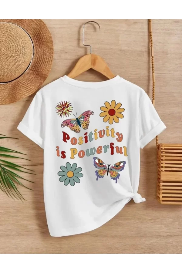 Luz&Pos Kız Çocuk Bisiklet Yaka Baskılı T-shirt - Beyaz