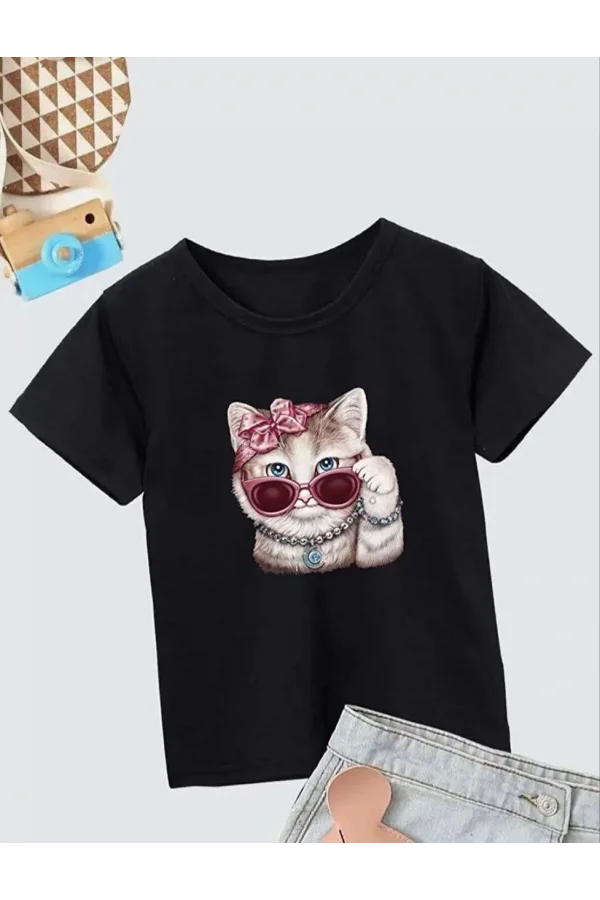 Luz&Pos Kız Çocuk Bisiklet Yaka Baskılı T-shirt - Siyah