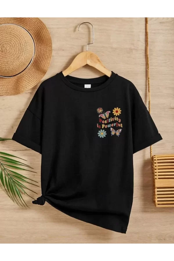 Luz&Pos Kız Çocuk Bisiklet Yaka Baskılı T-shirt - Siyah