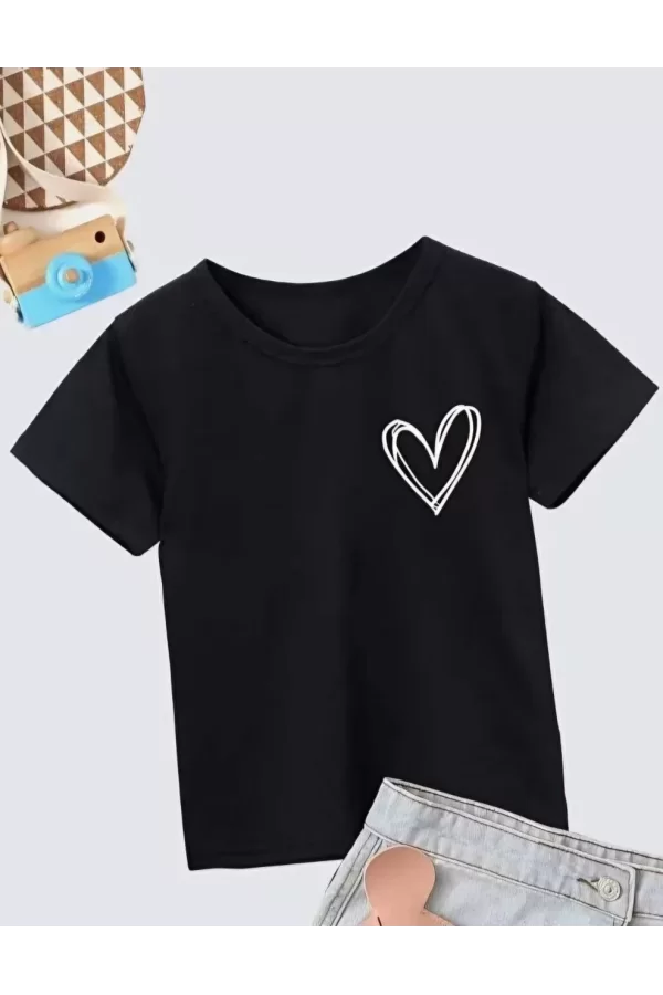 Luz&Pos Kız Çocuk Bisiklet Yaka Baskılı T-shirt - Siyah
