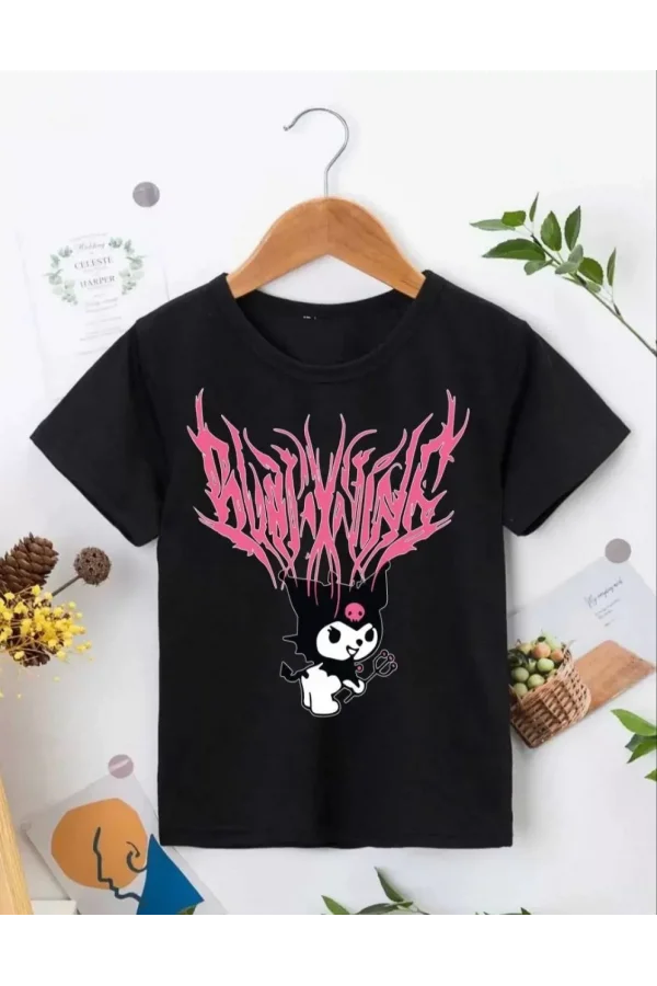 Luz&Pos Kız Çocuk Bisiklet Yaka Baskılı T-shirt - Siyah