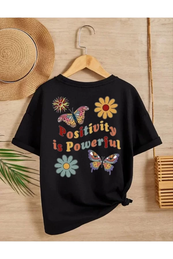 Luz&Pos Kız Çocuk Bisiklet Yaka Baskılı T-shirt - Siyah