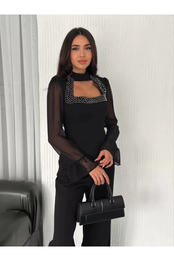 Kolları Şifon Göğüste İnci Boncuk Detaylı Bluz - Siyah