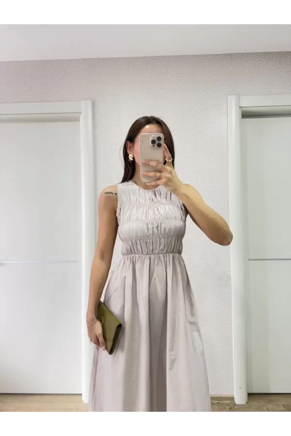 Luz&Pos Kolsuz Göğüs Lastıklı %100 Poplin Uzun Elbise - Gri