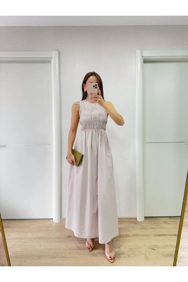 Luz&Pos Kolsuz Göğüs Lastıklı %100 Poplin Uzun Elbise - Gri