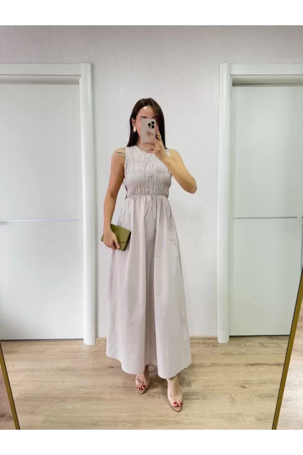 Luz&Pos Kolsuz Göğüs Lastıklı %100 Poplin Uzun Elbise - Gri