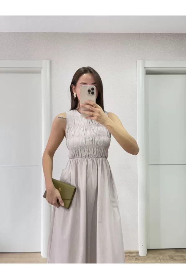Luz&Pos Kolsuz Göğüs Lastıklı %100 Poplin Uzun Elbise - Gri