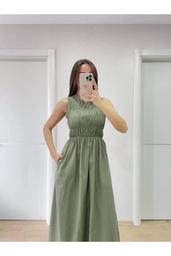 Luz&Pos Kolsuz Göğüs Lastıklı %100 Poplin Uzun Elbise - Yeşil