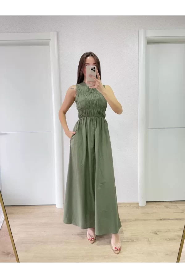 Luz&Pos Kolsuz Göğüs Lastıklı %100 Poplin Uzun Elbise - Yeşil