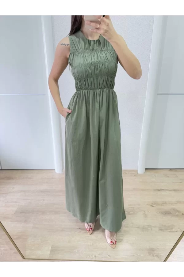 Luz&Pos Kolsuz Göğüs Lastıklı %100 Poplin Uzun Elbise - Yeşil