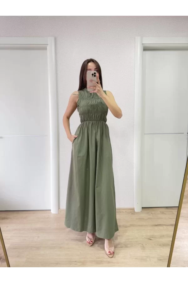 Luz&Pos Kolsuz Göğüs Lastıklı %100 Poplin Uzun Elbise - Yeşil