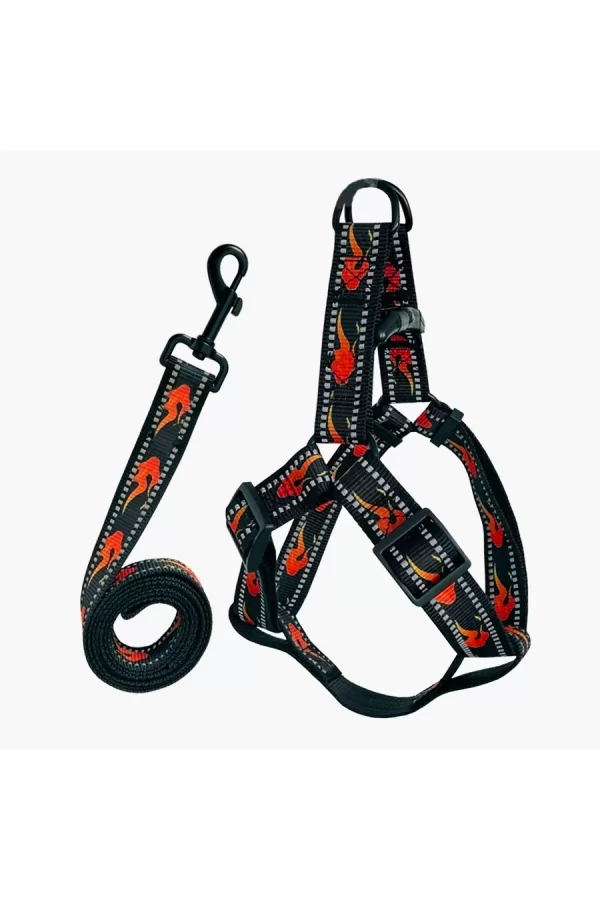 Köpek Göğüs Tasma Seti Reflektörlü Alev Desenli 120 cm-48 cm-70 cm Siyah