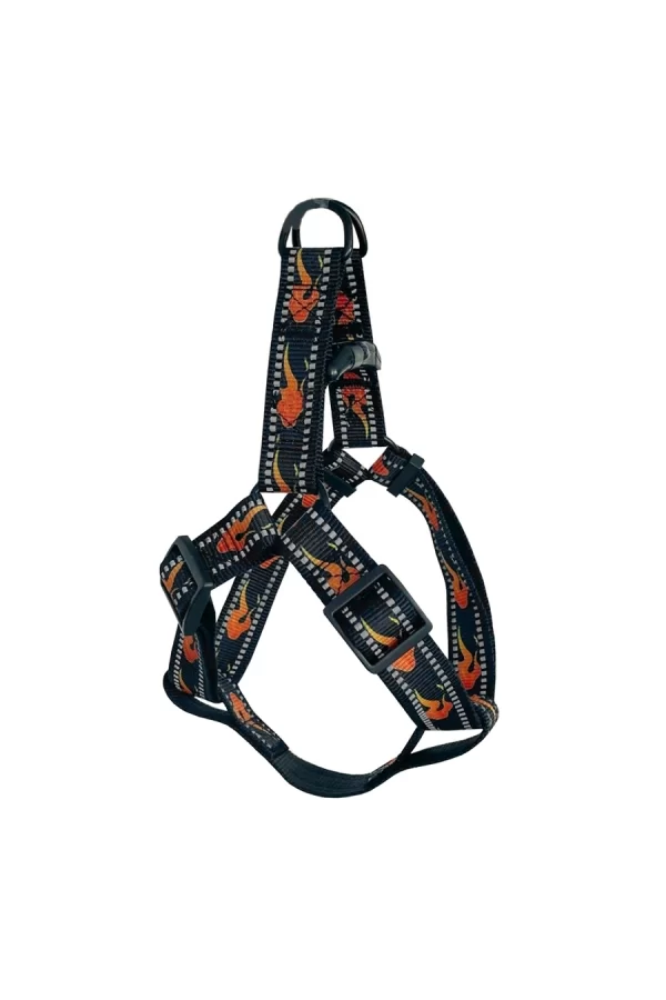 Köpek Göğüs Tasma Seti Reflektörlü Alev Desenli 120 cm-48 cm-70 cm Siyah