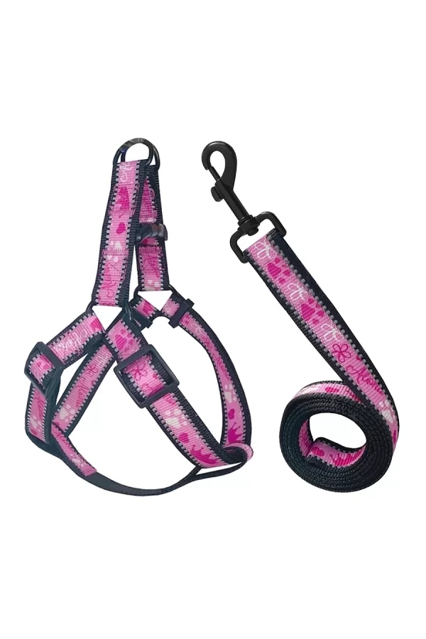 Köpek Göğüs Tasma Seti Reflektörlü Taç Desenli 120 cm-50 cm-70 cm Pembe