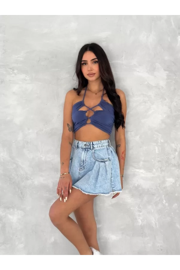 Kot Jeans Kesimetrik Kesim Cepli Şortlu Etek - Mavi