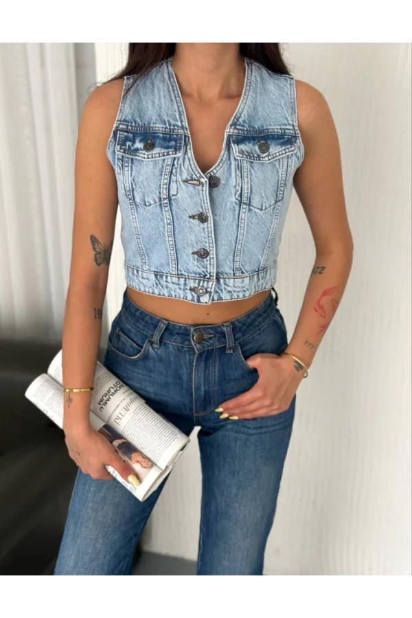 Kot Jeans Yelek - Buz Mavisi