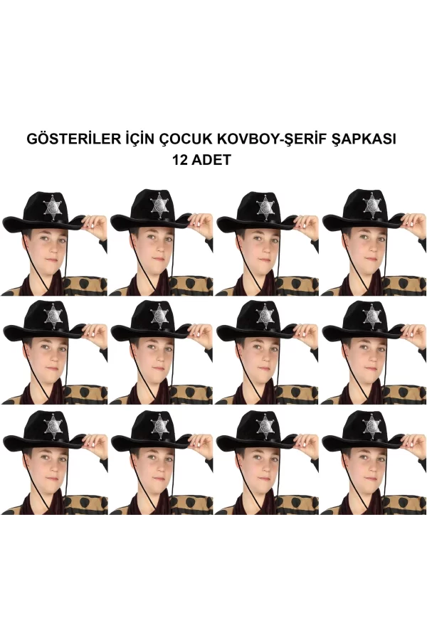 Kovboy Şerif Şapkası Siyah 12 Adet - Kostüm, Parti Ve Gösteri Şapkası