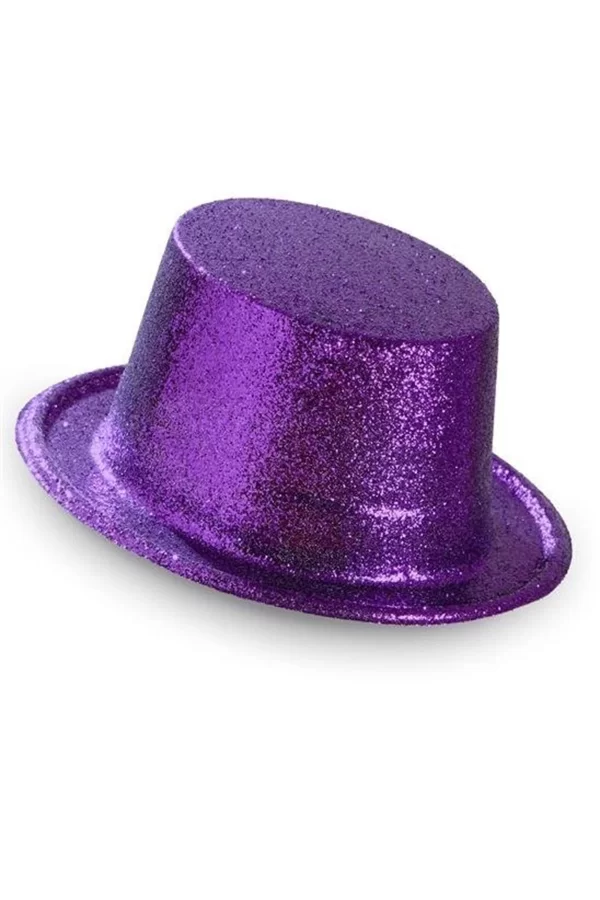 Koyu Mor Renk Violet Parıltılı Simli Fötr Silindir Parti Şapkası