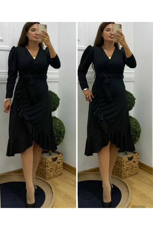 Krep Kumaş Midi Boy Kuşaklı Uzunkol Elbise 113 Cm