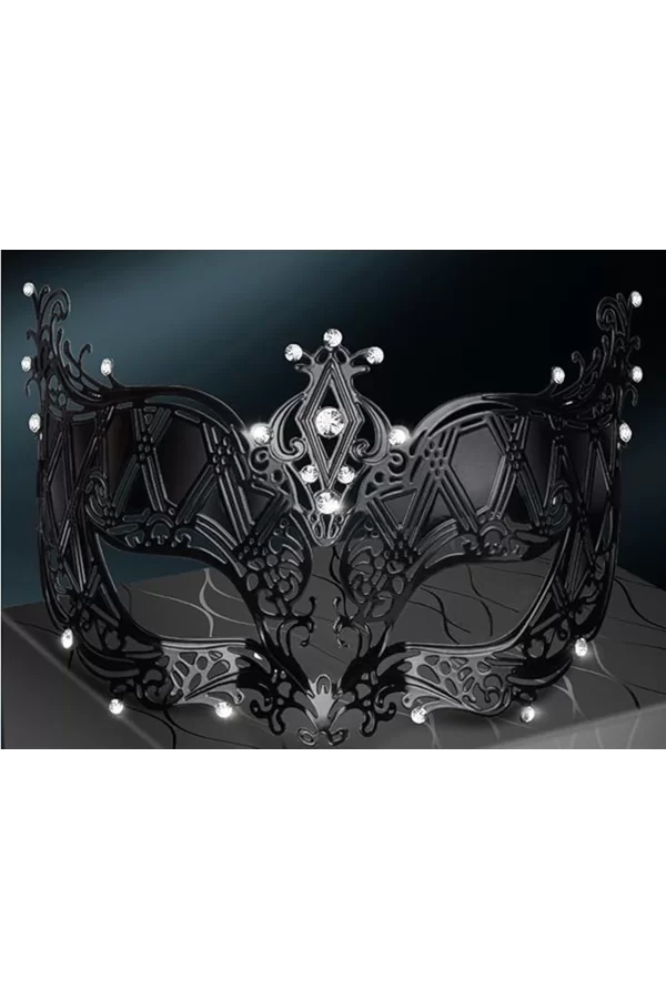 Kristal Gümüş Taşlı Siyah Lazer Kesim Metal Lüks Maske