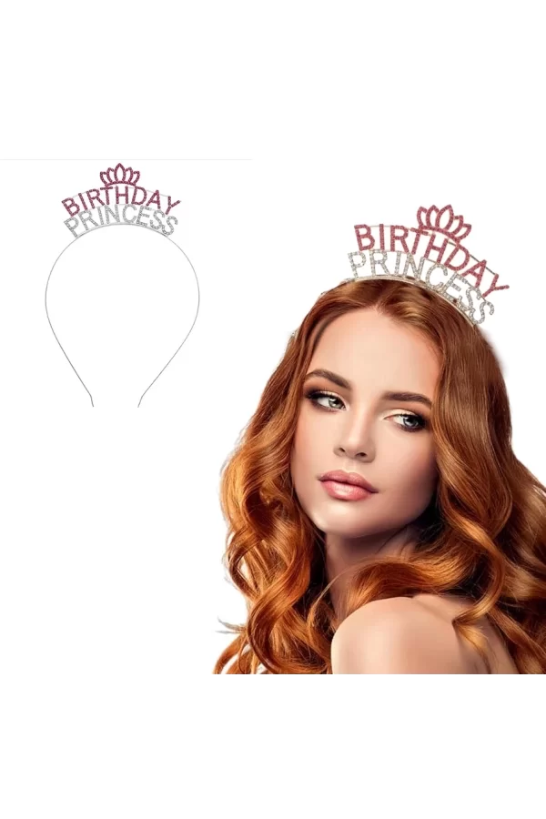 Kristal Taşlı Pembe Birthday Princess Yazılı Parti Tacı 19x11 Cm
